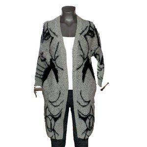 Vintage Gray Black Geometric Print 80's 90's Soft Angora Tunic Cardigan Sz S